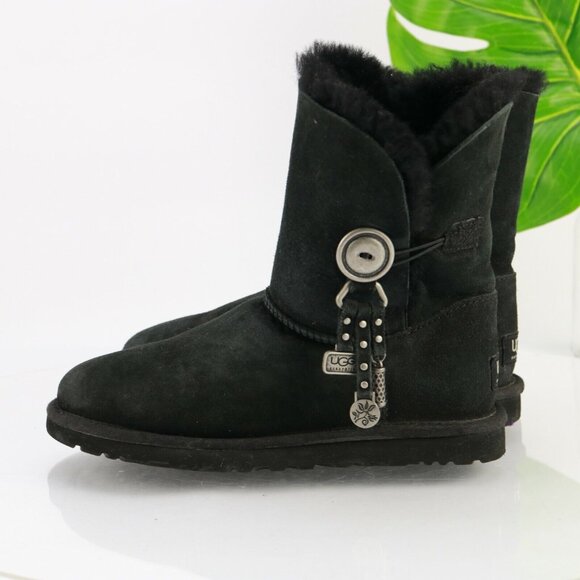 Ugg Womens Azalea Boot Size 6 Black Suede Shearling Sherpa Charms Short Bootie - Picture 7 of 11
